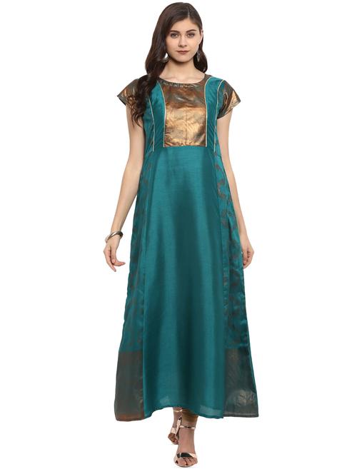 teal silk a-line kurta - 16002504 - Very Small Image - 1