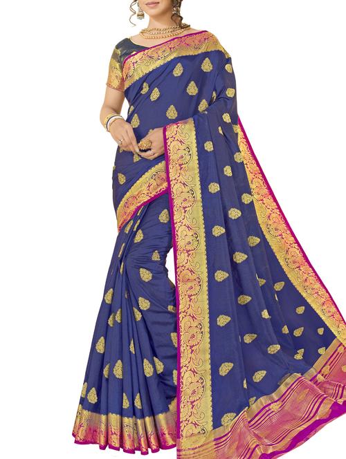 ethnic zari motif blue kanjivaram saree with blouse - 16002566 - Very Small Image - 1