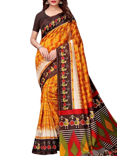ikat mustard printed saree with blouse - 16002621 - Very Small Image - 1