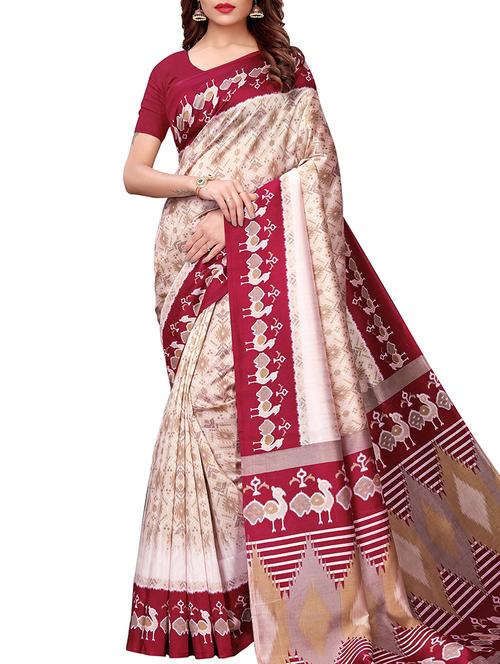 ikat beige printed saree with blouse - 16002622 - Very Small Image - 1