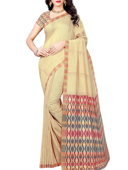 contrast border beige printed saree with blouse - 16002635 - Very Small Image - 1