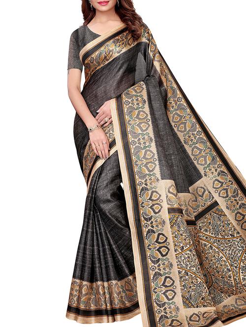contrast border printed saree with blouse - 16002638 - Very Small Image - 1