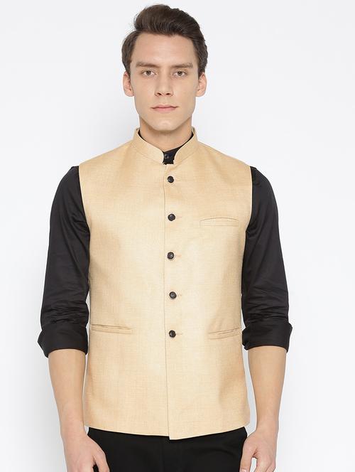 beige solid nehru jacket - 16003255 - Very Small Image - 1