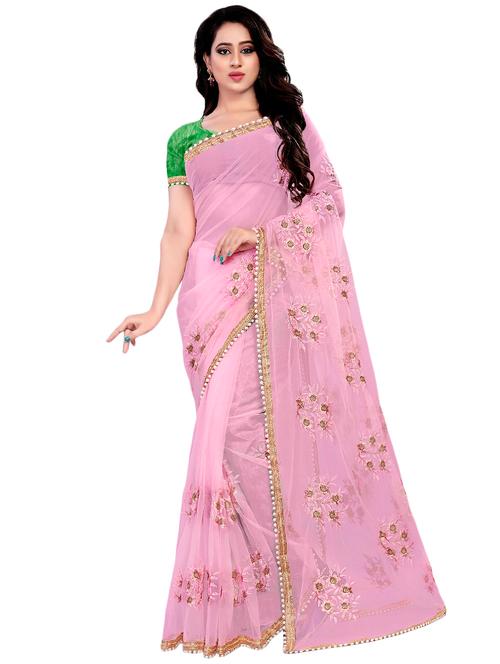 floral pink embroidered saree with blouse - 16003862 - Very Small Image - 1