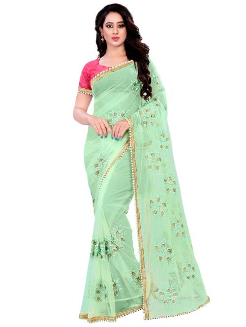 floral pista green embroidered saree with blouse - 16003863 - Very Small Image - 1