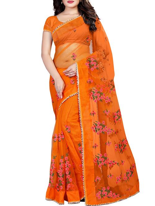 floral orange embroidered saree with blouse - 16003974 - Very Small Image - 1