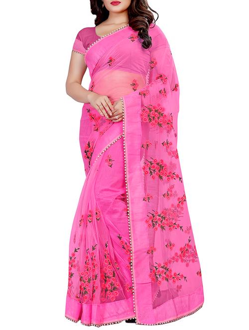 floral pink embroidered saree with blouse - 16003978 - Very Small Image - 1