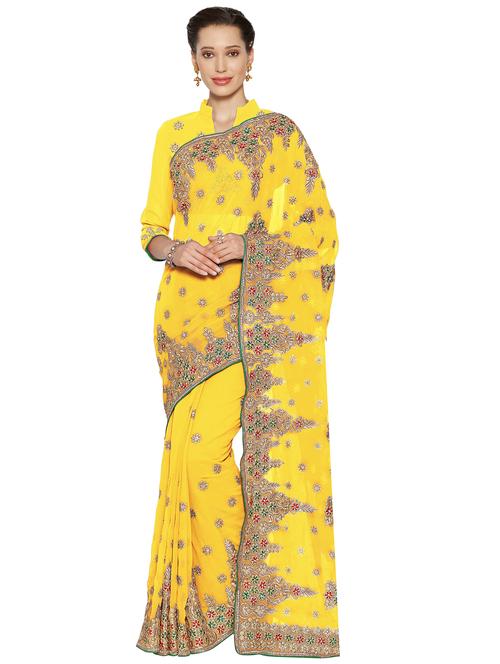 floral yellow embroidered saree with blouse - 16004887 - Very Small Image - 1