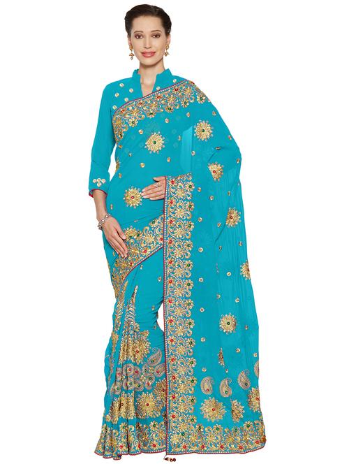 floral turquoise embroidered saree with blouse - 16004890 - Very Small Image - 1