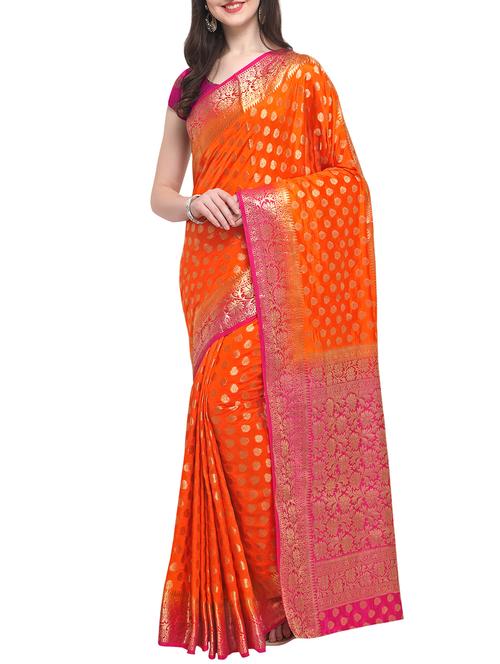 ethnic zari motif orange kanjivaram saree with blouse - 16005297 - Very Small Image - 1