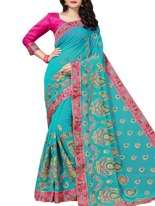 floral sky blue embroidered saree with blouse - 16005417 - Very Small Image - 1