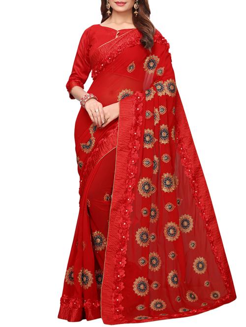 ribbon border floral embroidered saree with blouse - 16005444 - Very Small Image - 1