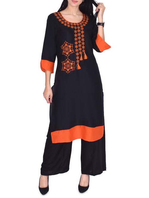 embroidered straight kurta palazzo set - 16005479 - Very Small Image - 1