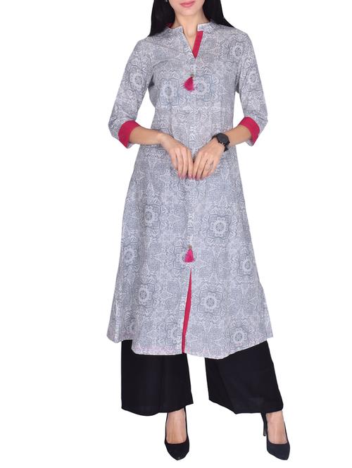 a-line printed kurta palazzo set with tassels - 16005503 - Very Small Image - 1