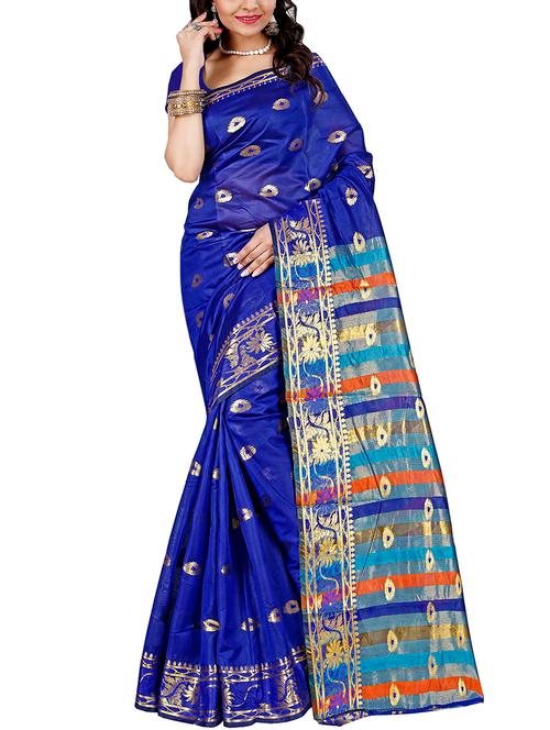 floral zari motif blue woven saree with blouse - 16006391 - Very Small Image - 1