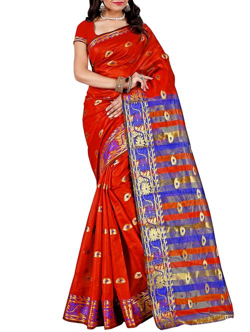 floral zari motif red woven saree with blouse - 16006393 - Very Small Image - 1