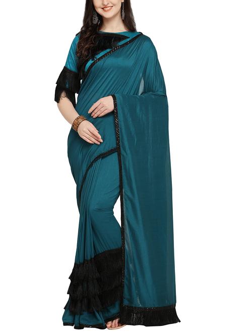 fringe lace border fusion saree with blouse - 16007059 - Very Small Image - 1