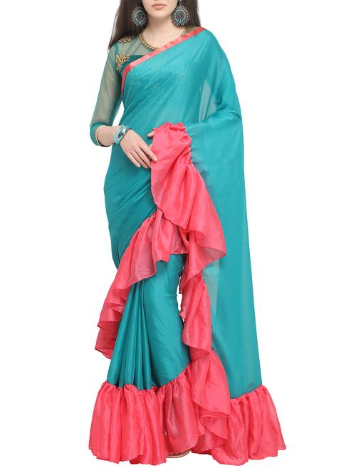 contrast ruffle border fusion saree with blouse - 16007062 - Very Small Image - 1