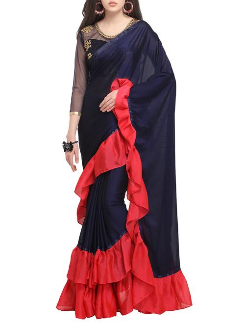 contrast ruffle border fusion saree with blouse - 16007065 - Very Small Image - 1