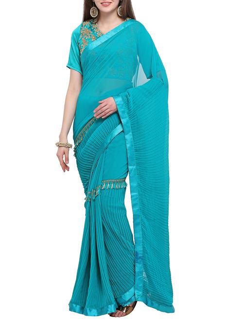 pleated border fusion saree with blouse - 16007070 - Very Small Image - 1