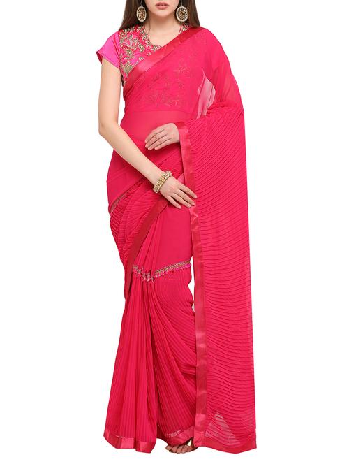 pleated border fusion saree with blouse - 16007071 - Very Small Image - 1