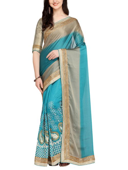 turquoise embroidered ombre saree with blouse - 16007089 - Very Small Image - 1