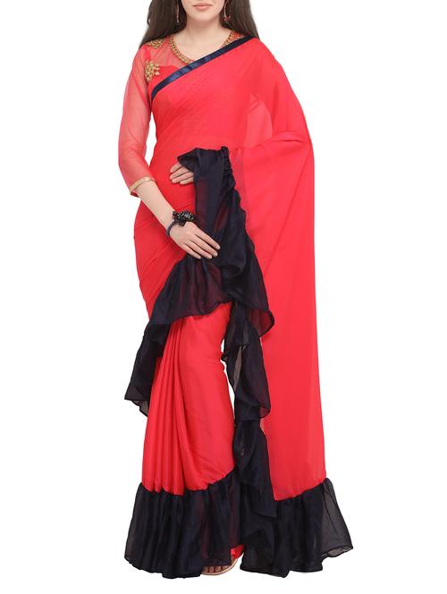 contrast ruffle border fusion saree with blouse - 16007098 - Very Small Image - 1