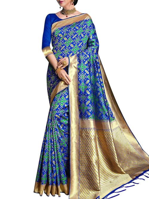 geometrical zari motif blue banarasi saree with blouse - 16007976 - Very Small Image - 1