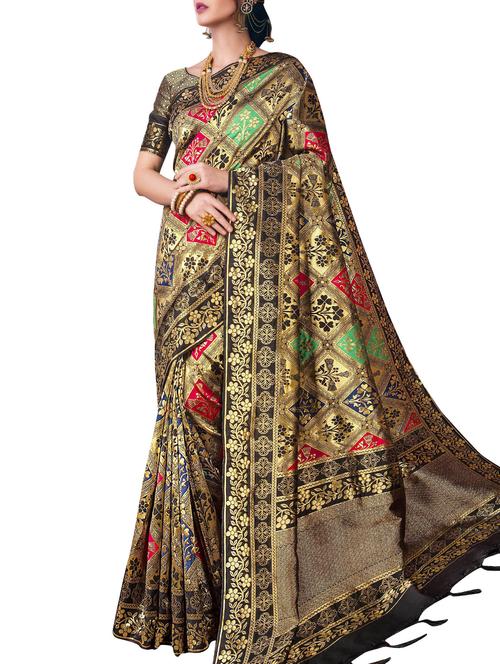 floral zari motif gold banarasi saree with blouse - 16007977 - Very Small Image - 1