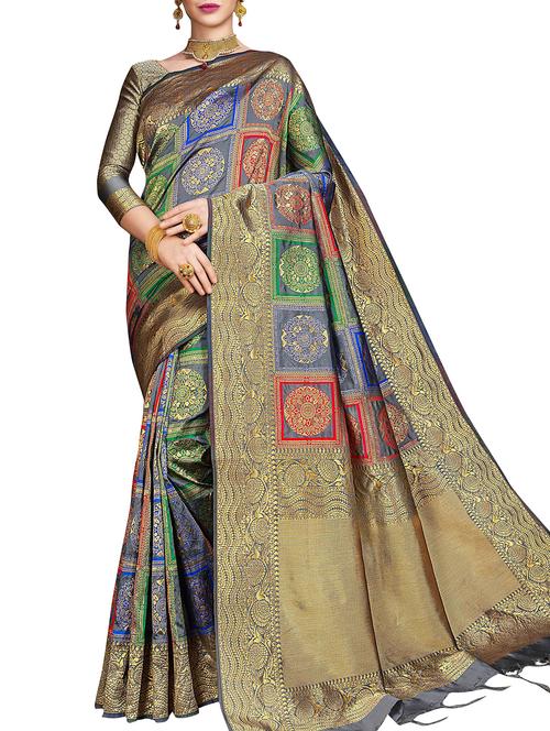 ethnic zari motif banarasi saree with blouse - 16007980 - Very Small Image - 1