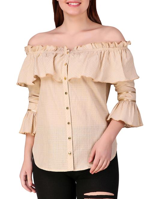 off shoulder button up ruffle top - 16008159 - Very Small Image - 1