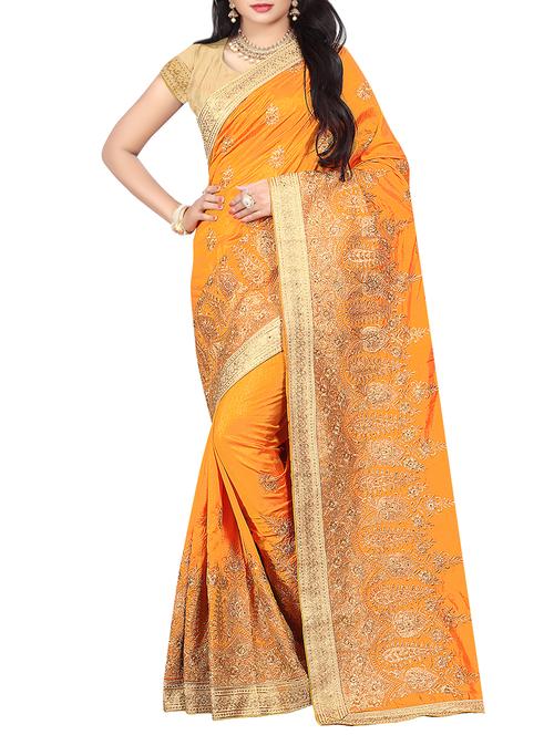 floral embroidered orange saree - 16008342 - Very Small Image - 1