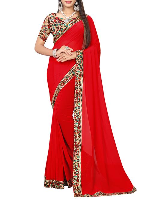 printed lace border red saree with blouse - 16008595 - Very Small Image - 1