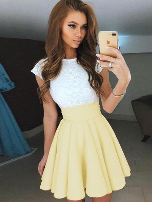 color block laced yoke flared dress - 16008929 - Very Small Image - 1