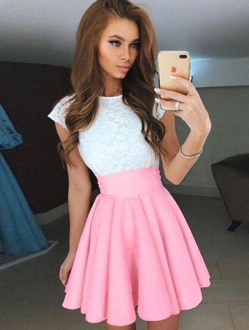 color block laced yoke flared dress - 16008930 - Very Small Image - 1