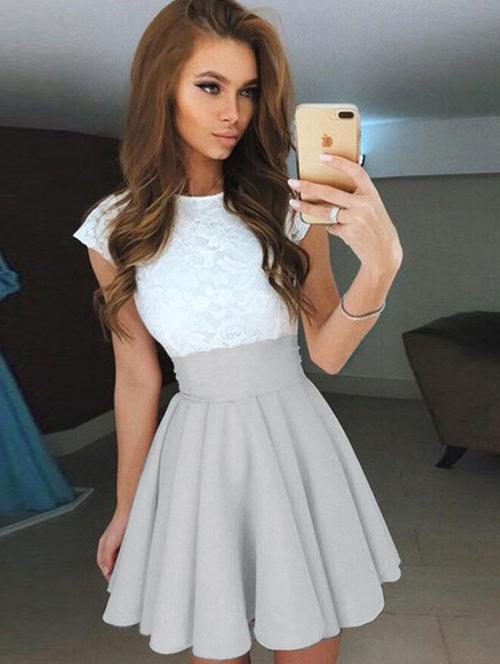 color block laced yoke flared dress - 16008931 - Very Small Image - 1