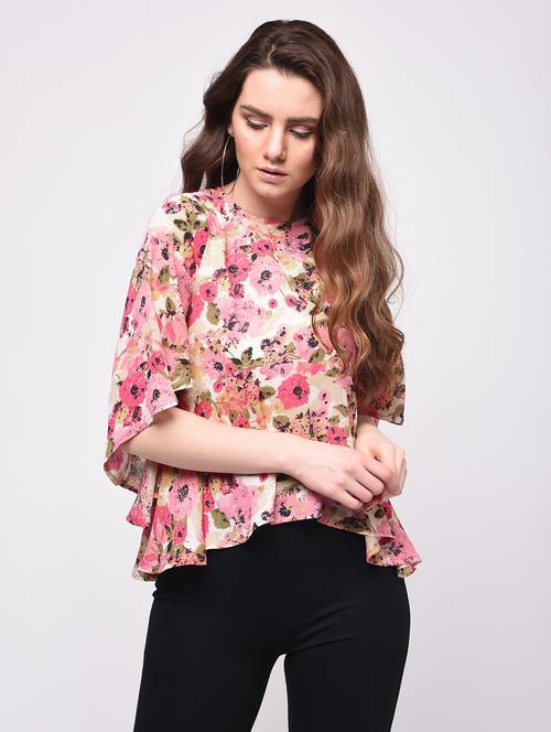 flared sleeved floral asymmetric top - 16009019 - Very Small Image - 1