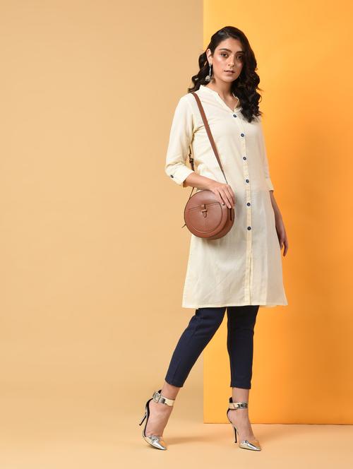 contrast buttoned kurta with pant set - 16009412 - Very Small Image - 1