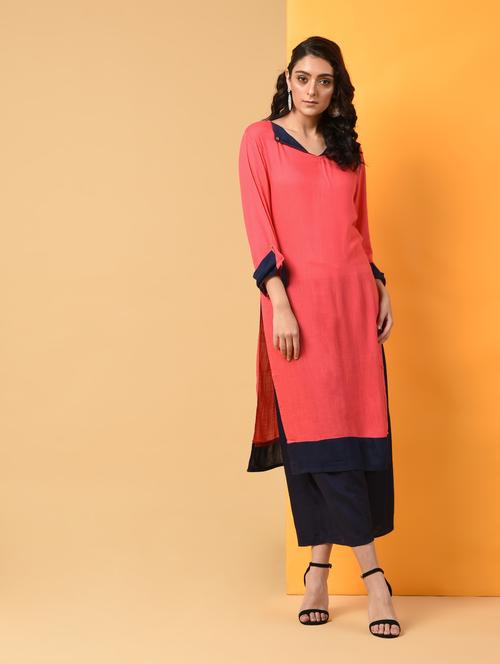 contrast cuff & collar kurta with solid palazzo set - 16009416 - Very Small Image - 1