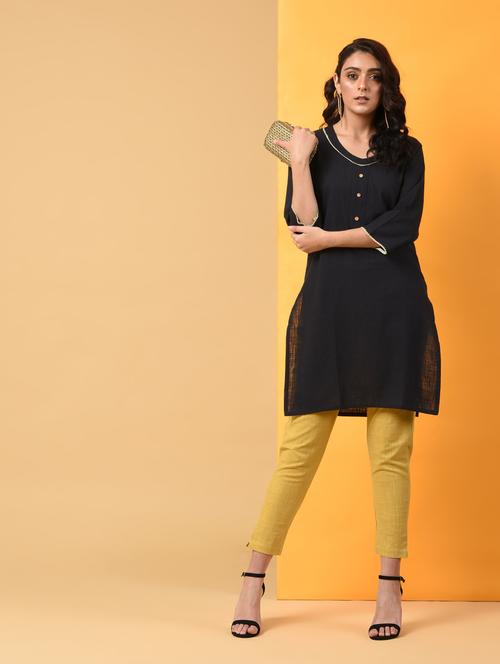 solid neck lace detailed straight kurta - 16009422 - Very Small Image - 1