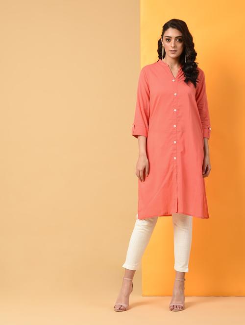 coral straight solid kurta - 16009428 - Very Small Image - 1