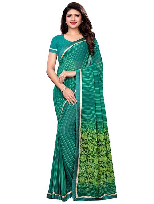 striped printed turquoise saree with blouse - 16009619 - Very Small Image - 1
