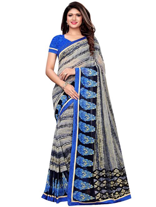 contrast border printed saree with blouse - 16009624 - Very Small Image - 1