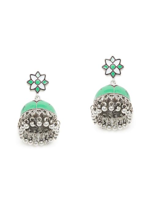 green silver tone jhumka earrings - 16009647 - Very Small Image - 1