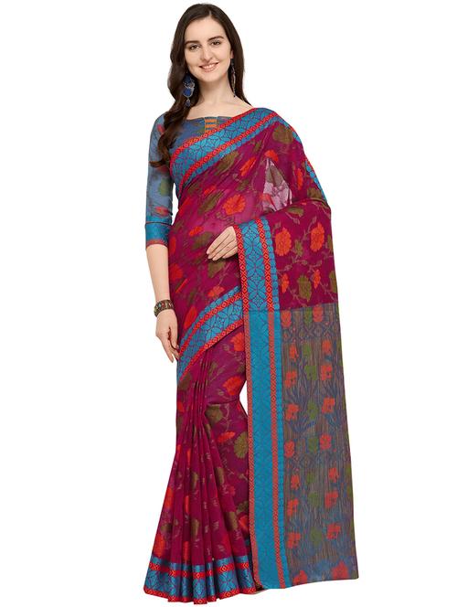 floral motif magenta banarasi saree with blouse - 16009733 - Very Small Image - 1