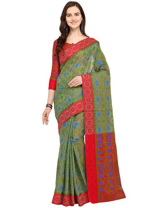 floral motif green banarasi saree with blouse - 16009735 - Very Small Image - 1
