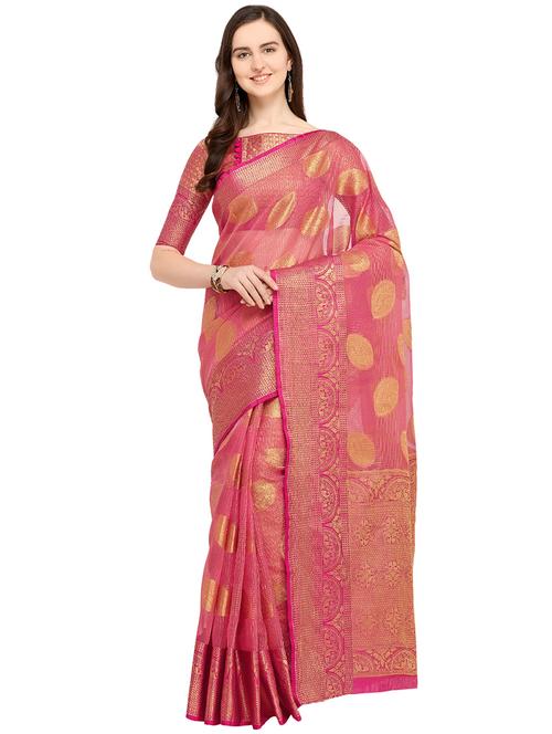 ethnic zari motif pink banarasi saree with blouse - 16009738 - Very Small Image - 1