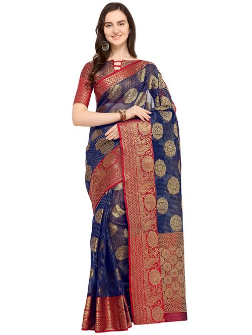 floral zari motif blue banarasi saree with blouse - 16009741 - Very Small Image - 1