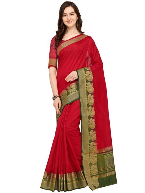 contrast zari border red banarasi saree with blouse - 16009745 - Very Small Image - 1
