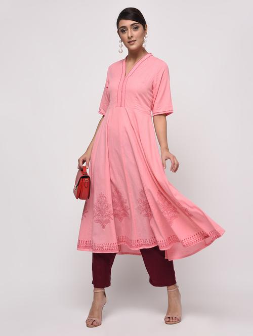 hand embroidery block print anarkali kurta - 16009778 - Very Small Image - 1